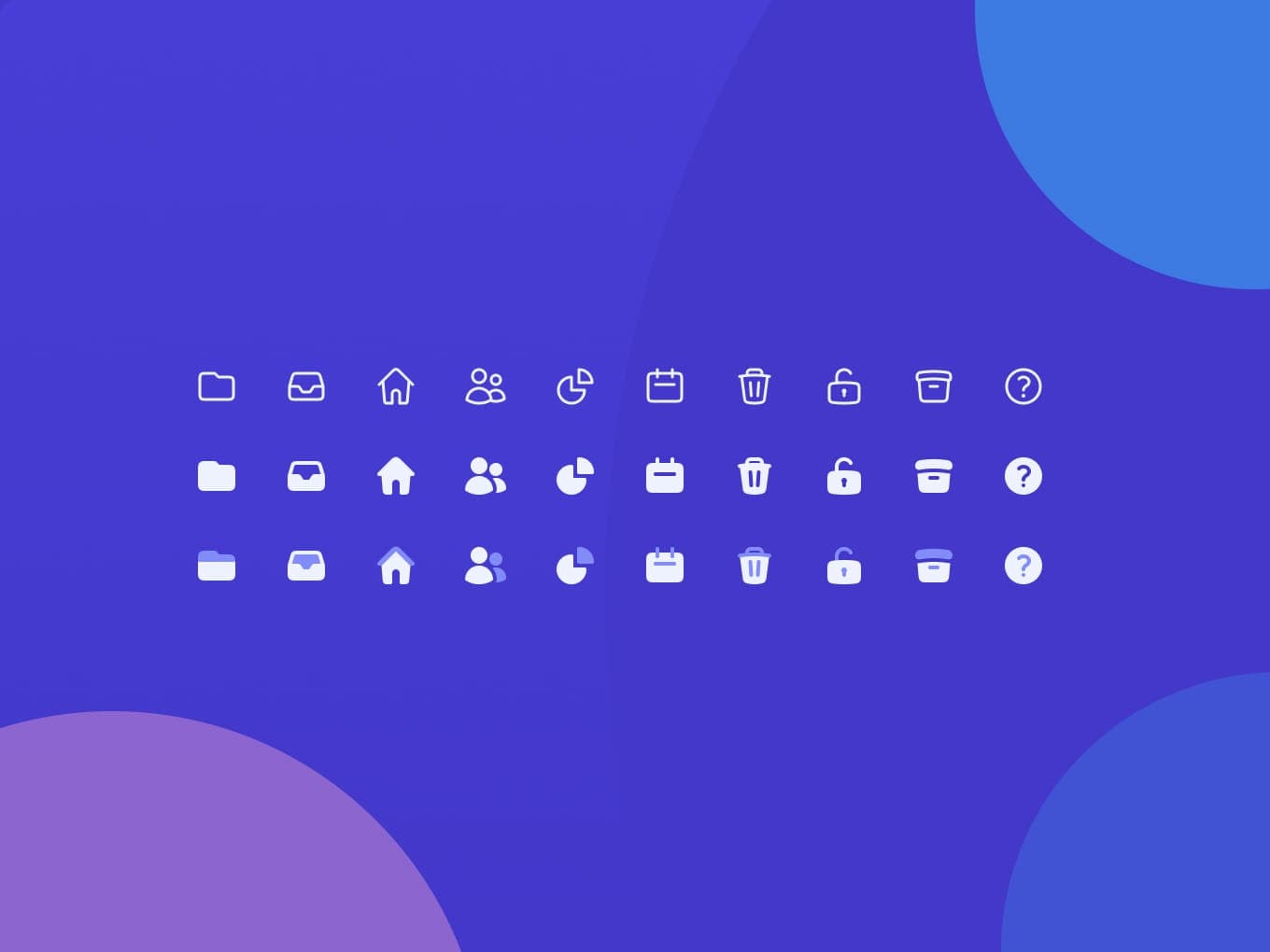 Sample of 30 icons with friendly and fun details in outline, filled, and brand color styles.